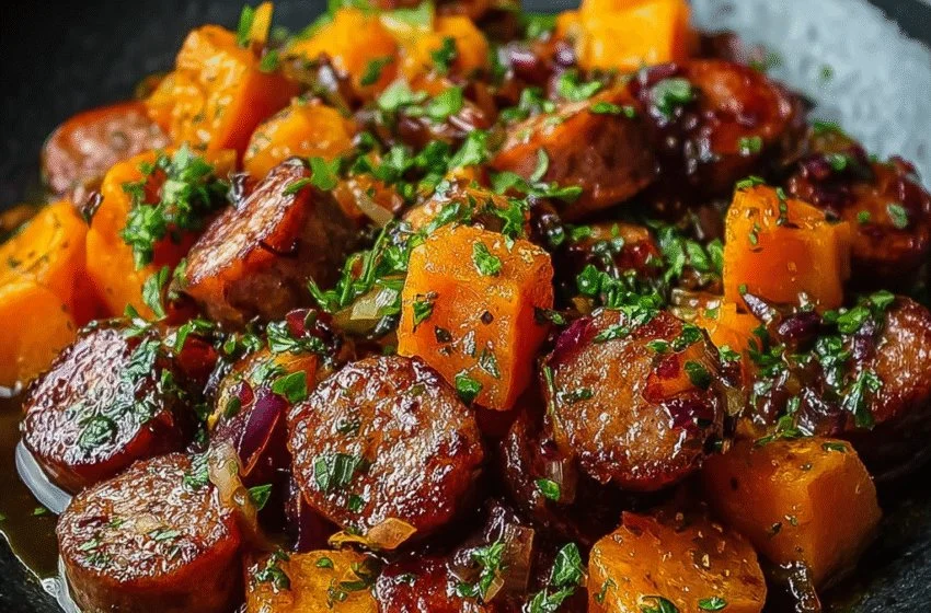 Sausage Sweet Potatoes with Honey Garlic sauce served in a bowl