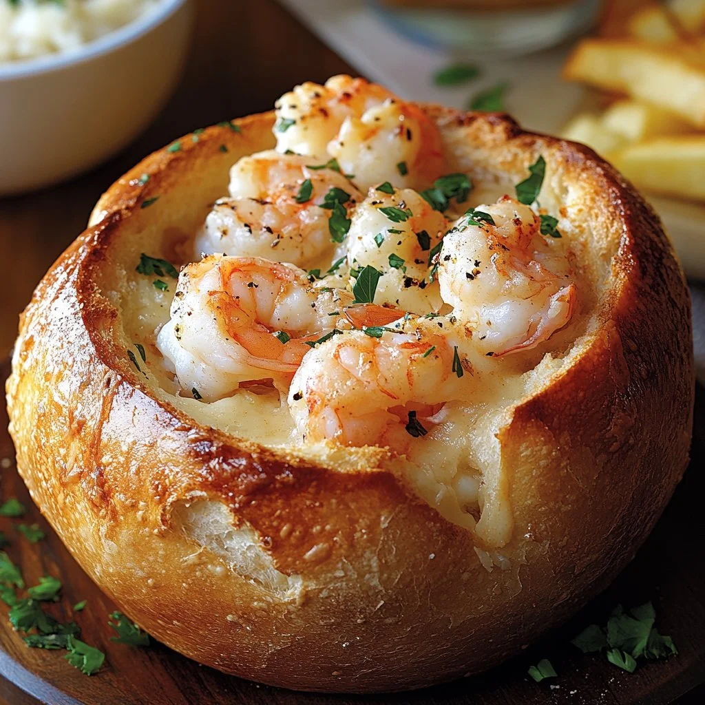 Delicious Seafood-Stuffed Bread Bowl garnished with fresh herbs