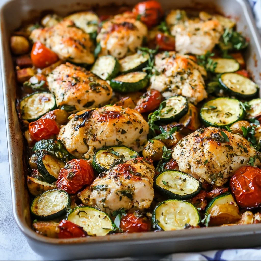 Sheet pan with Mediterranean chicken and zucchini, garnished with herbs.