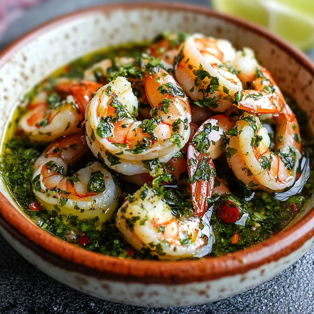 Plate of Shrimp Chimichurri garnished with fresh herbs and lime.