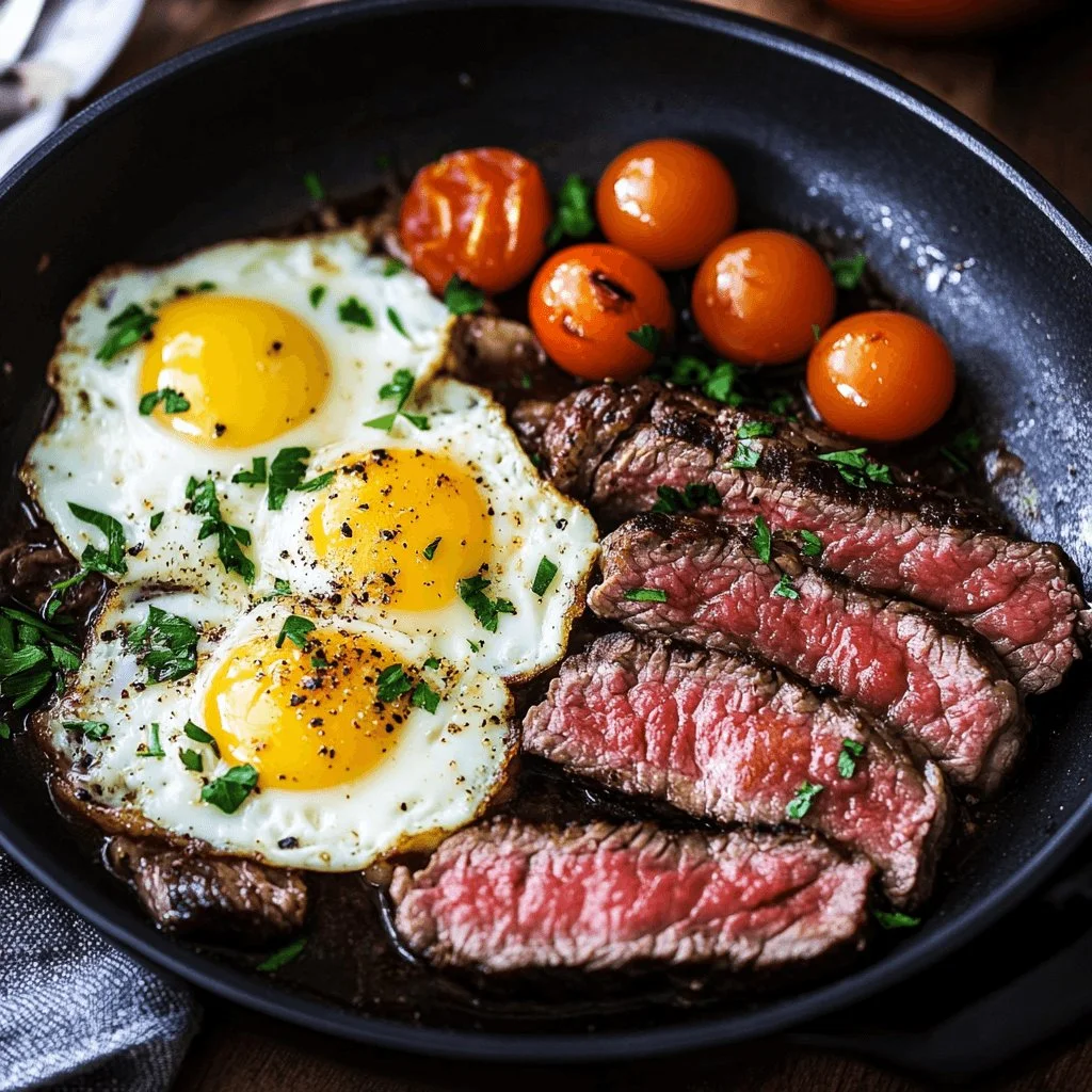 Delicious sizzling steak and eggs served on a plate
