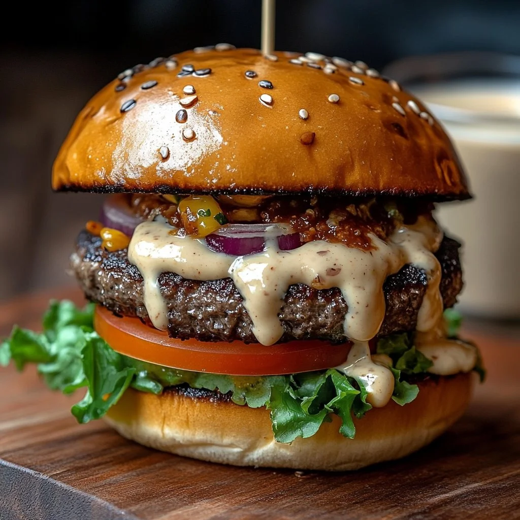 Delicious smash burgers topped with baconnaise sauce on a wooden plate