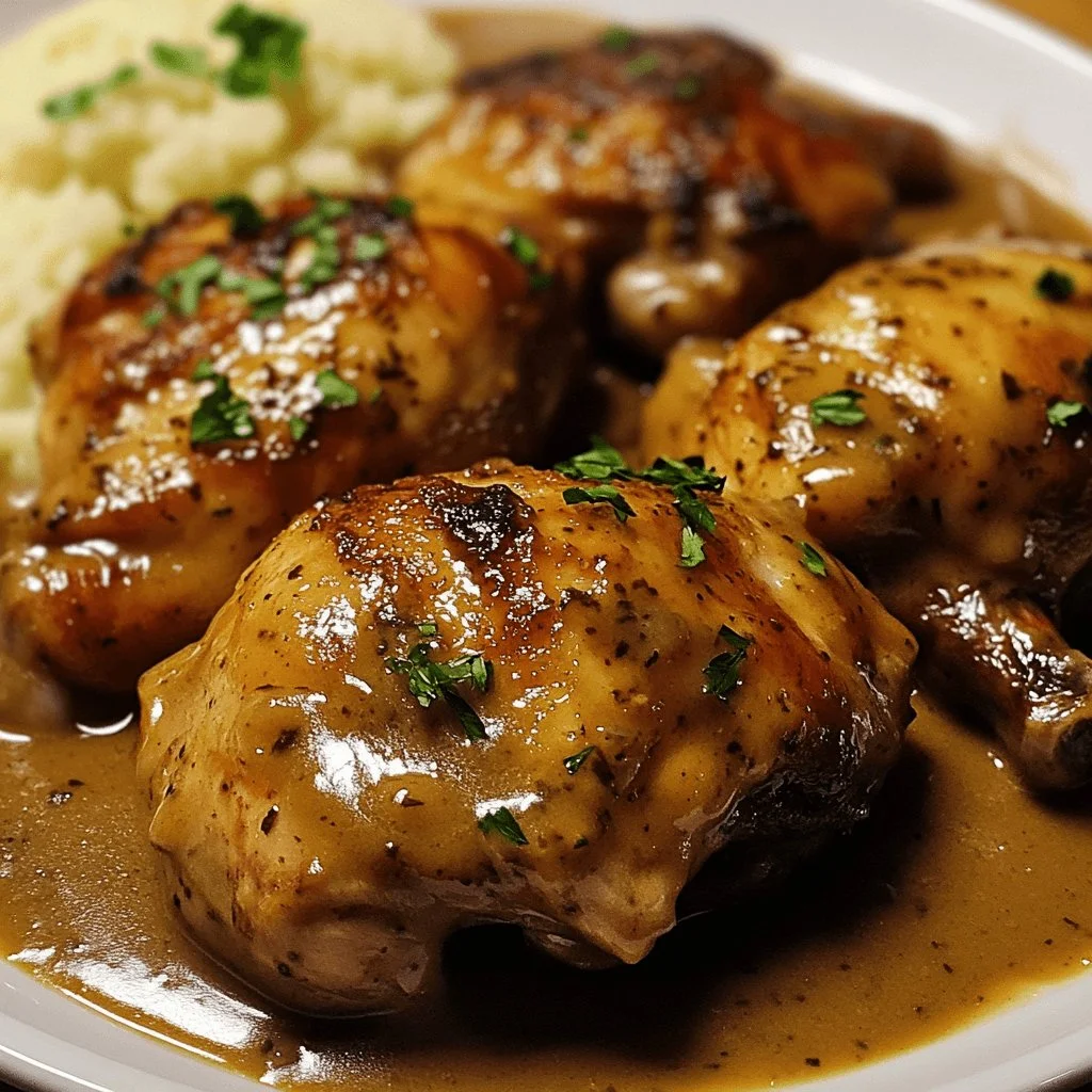 Delicious smothered chicken served with creamy gravy and herbs