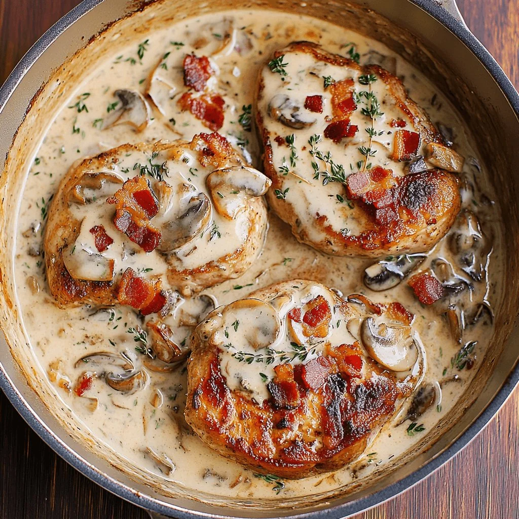Smothered pork chops with bacon, mushrooms, and thyme cream sauce on a plate