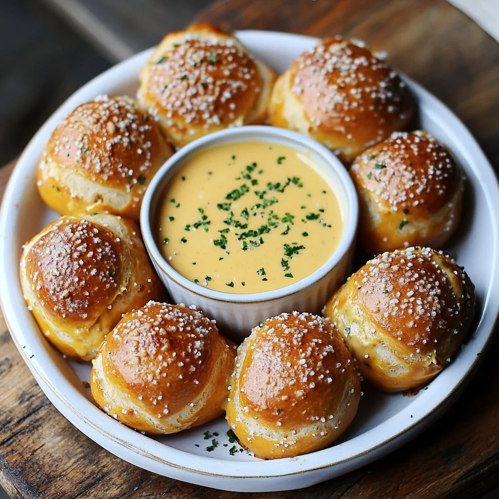 Soft pretzel bites served with vegan cheese sauce on a wooden platter