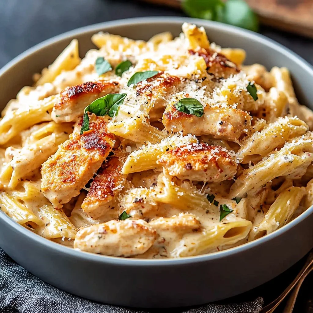 Creamy Parmesan Chicken Pasta served with herbs and spices
