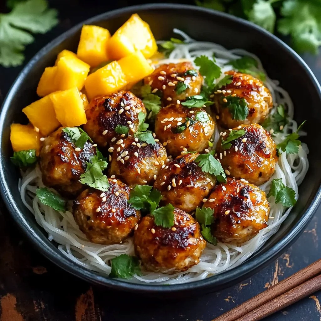 Delicious spicy Asian chicken meatballs served with rice noodles and mango.