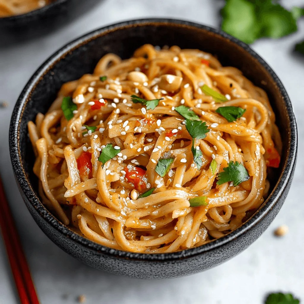 Bowl of spicy peanut butter noodles garnished with vegetables and herbs