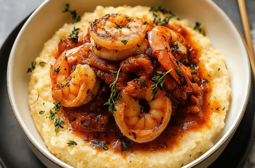 Delicious spicy southern shrimp and grits served on a plate.