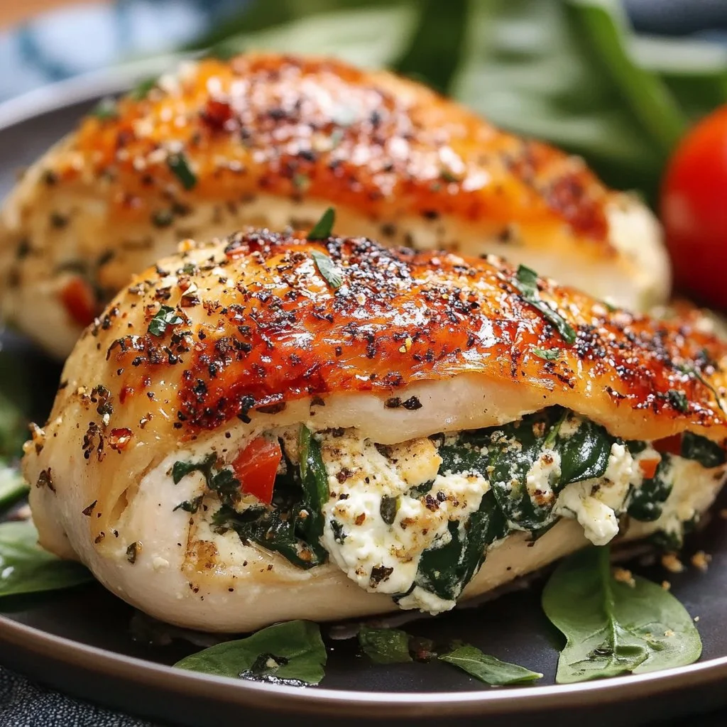 Plate of Spinach Ricotta Stuffed Chicken served with herbs and vegetables