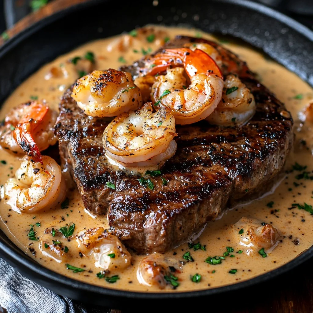 Steak served with creamy Cajun shrimp sauce on a plate