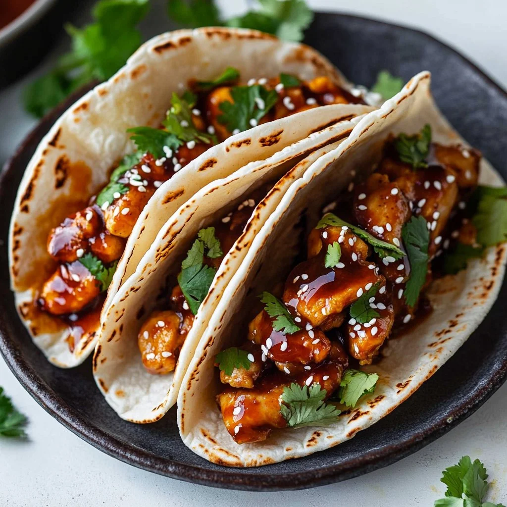 Delicious sticky Gochujang Chicken Tacos topped with fresh ingredients