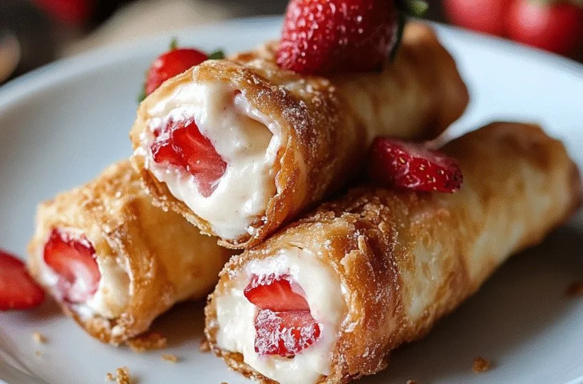 Strawberry cheesecake eggroll bites served on a plate