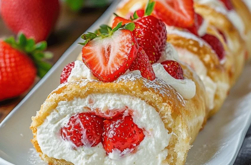 Delicious strawberry cheesecake rolls topped with fresh strawberries