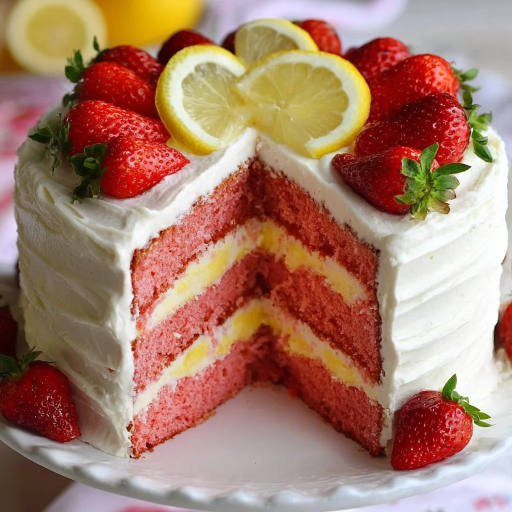 Delicious Strawberry Lemonade Cake with Lemon Cream Cheese Frosting on a wooden table.