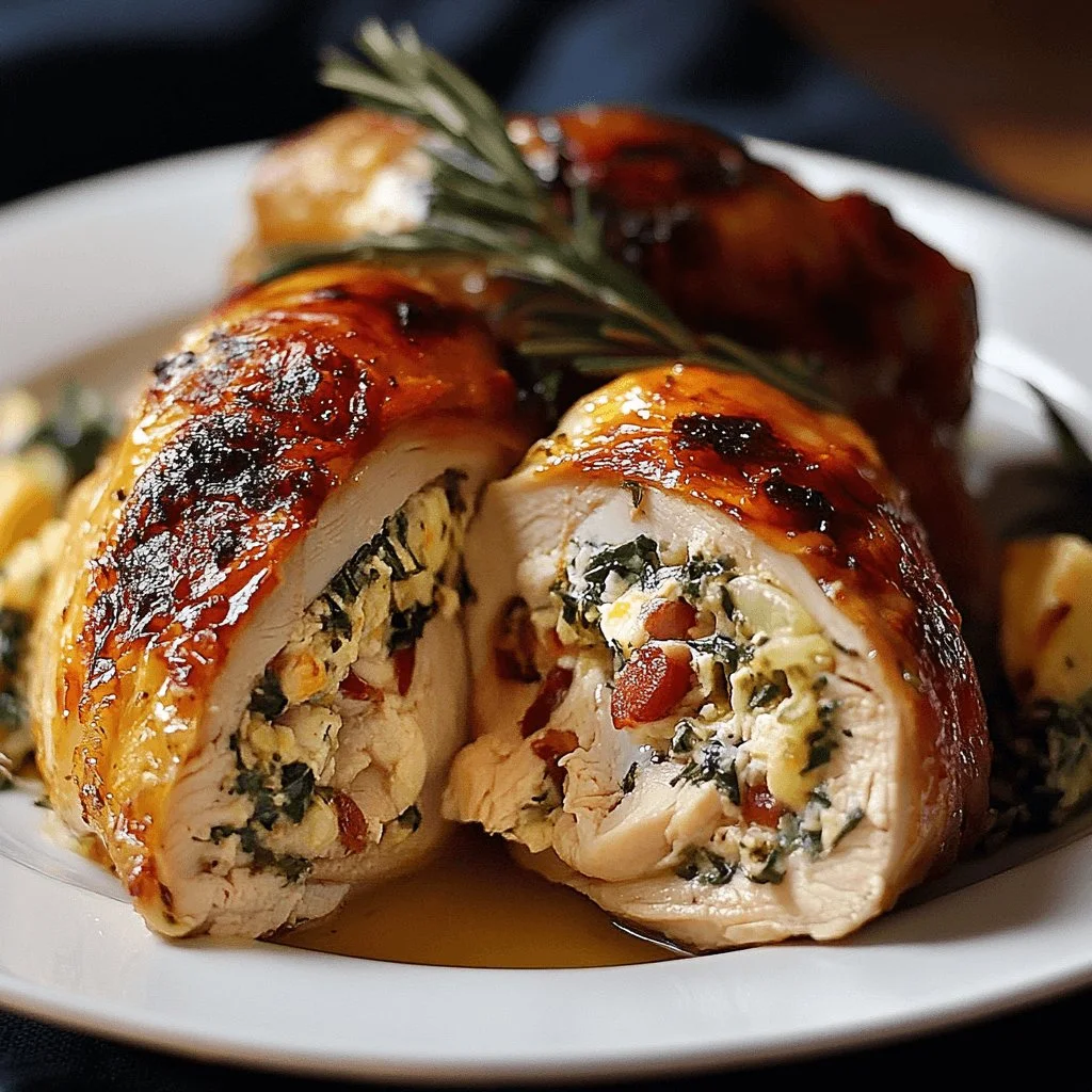 Delicious stuffed chicken breast with herbs and spices on a white plate