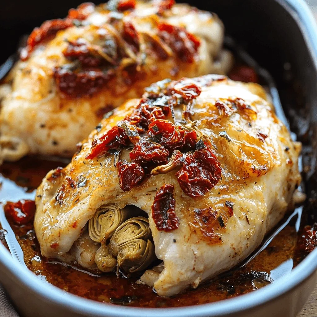 Stuffed chicken breast with sun-dried tomatoes and artichokes on a plate.