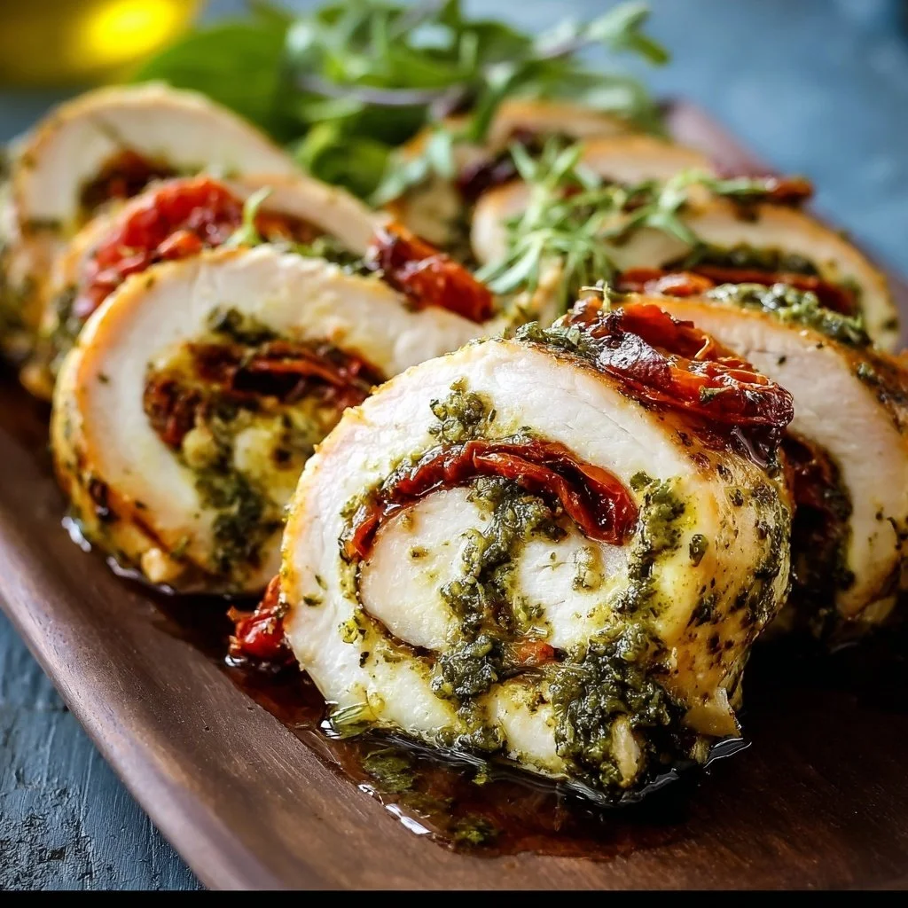 Sundried tomato pesto chicken rolls topped with fresh herbs and served on a plate