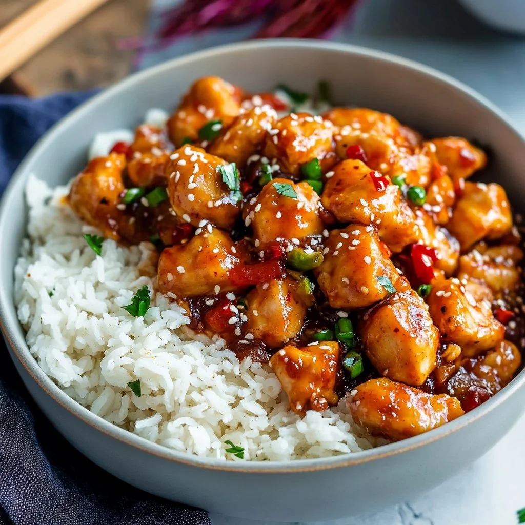 Plate of sweet chili chicken garnished with fresh herbs
