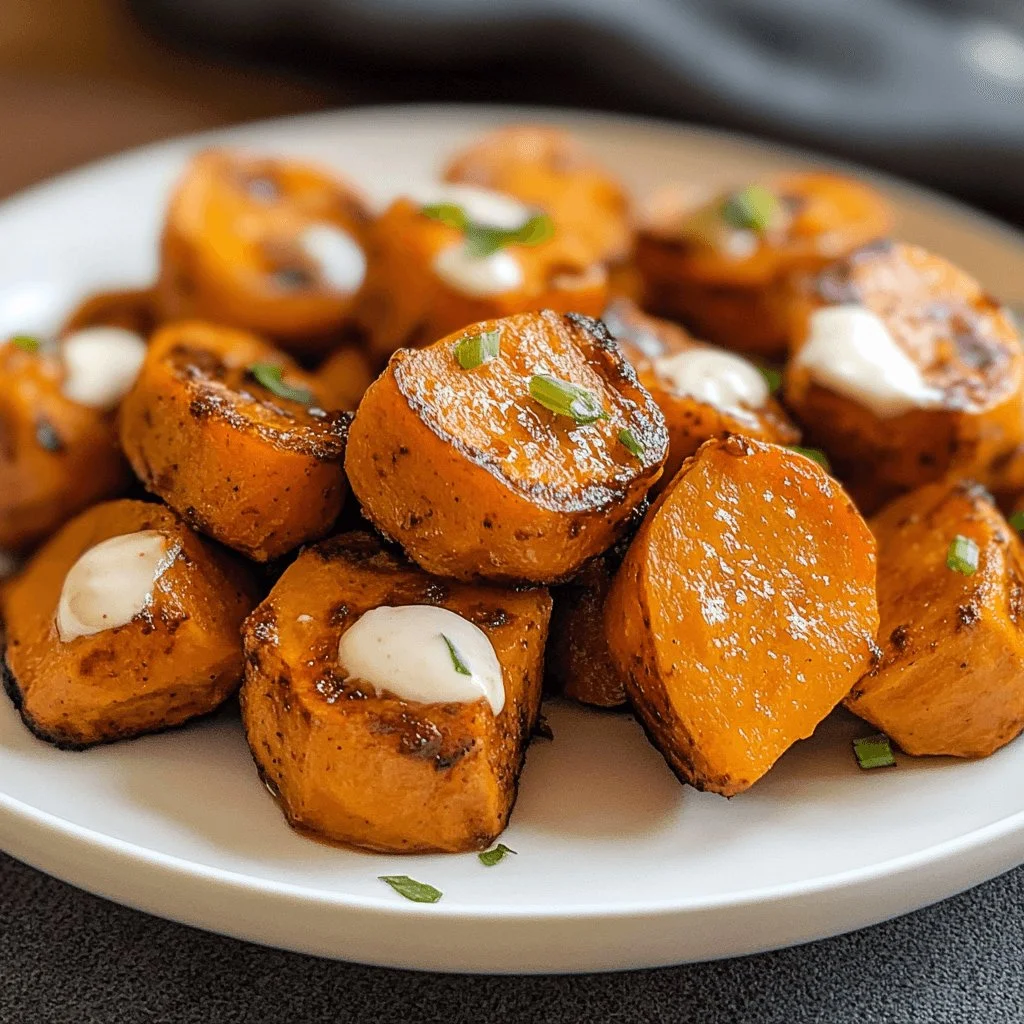 Bowl of flavorful sweet potato bites garnished with herbs