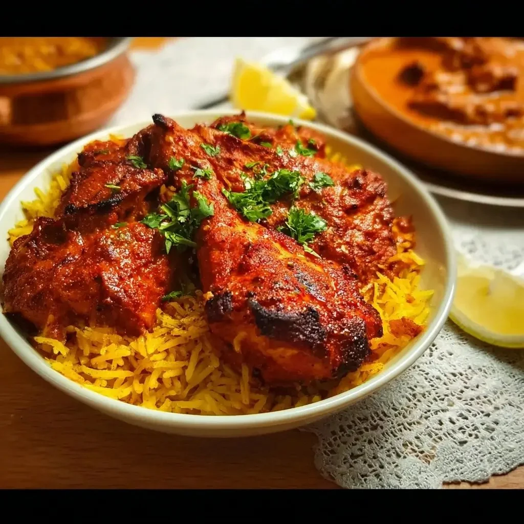 Tandoori Chicken served with curry sauce and garnished with herbs.