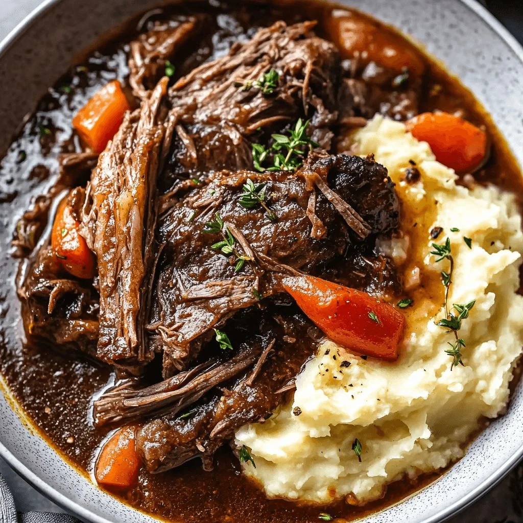 Delicious tender pot roast served with mashed potatoes on a plate