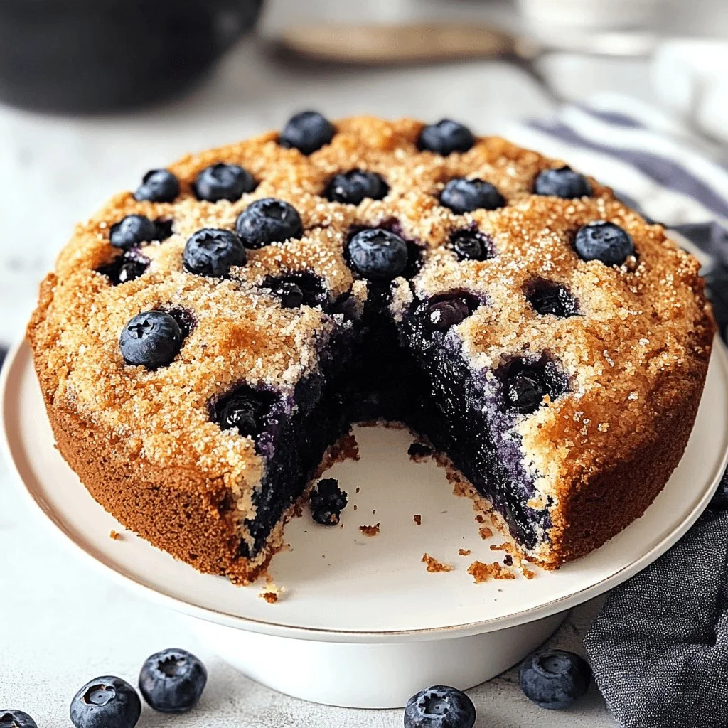Delicious homemade blueberry coffee cake topped with fresh blueberries.