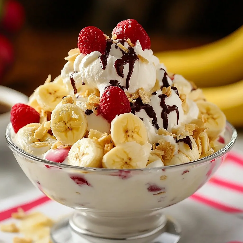 Tropical banana split dessert with fresh fruits and toppings