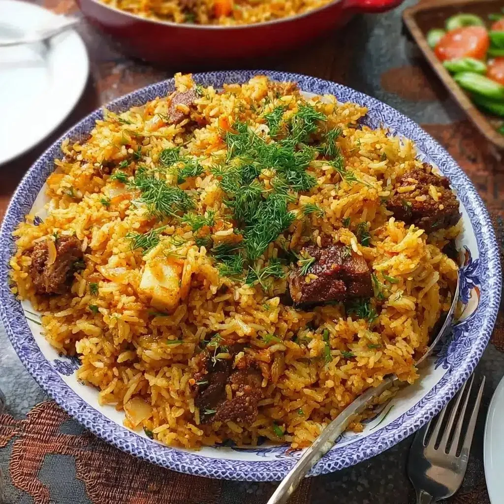 Traditional Uzbekistan Plov dish garnished with vegetables and spices