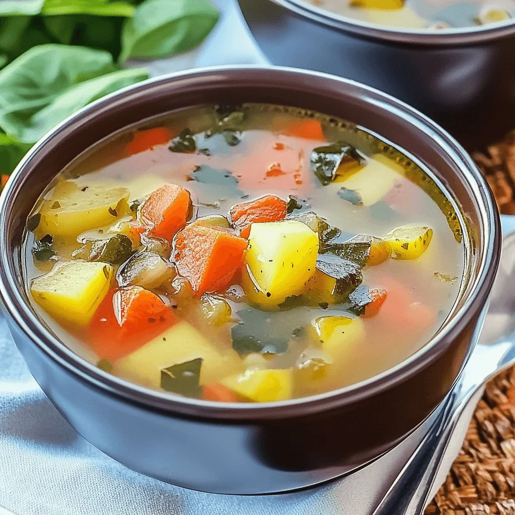 Bowl of vibrant vegetable soup with fresh ingredients including carrots, peas, and broccoli