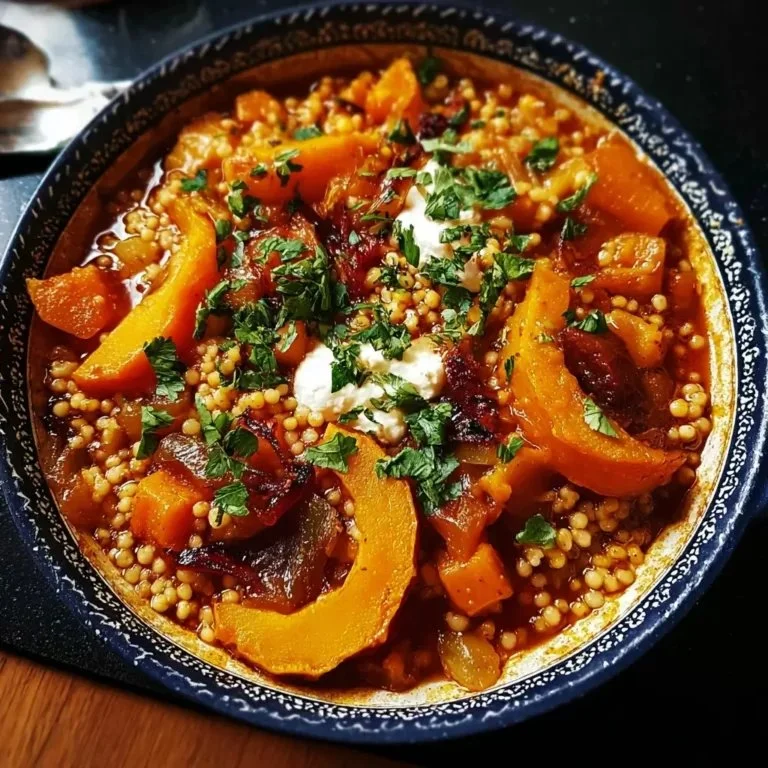 Vegetarian pumpkin and pearl couscous tagine with spices and vegetables