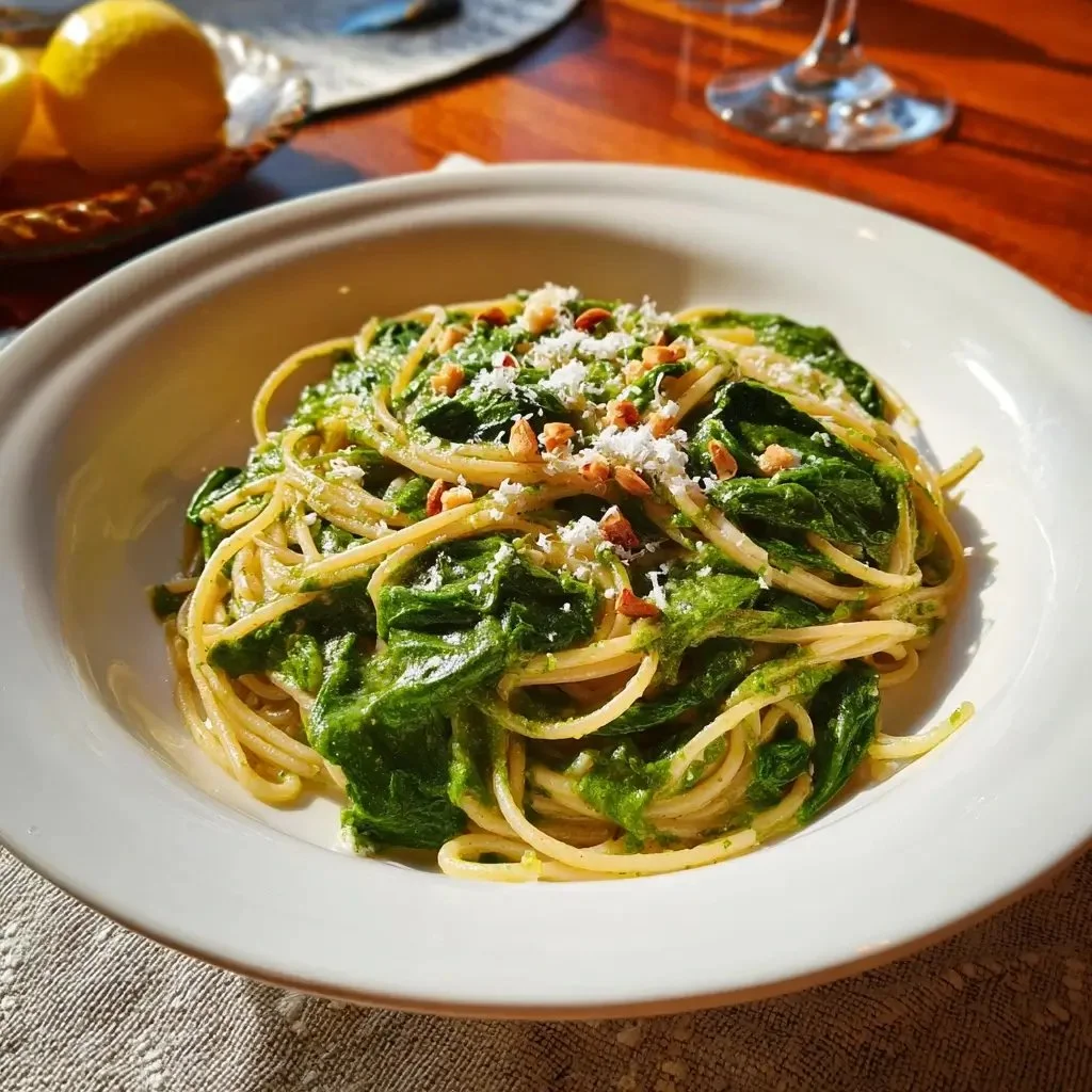 Plate of vegetarian spaghetti with lemon and spinach sauce