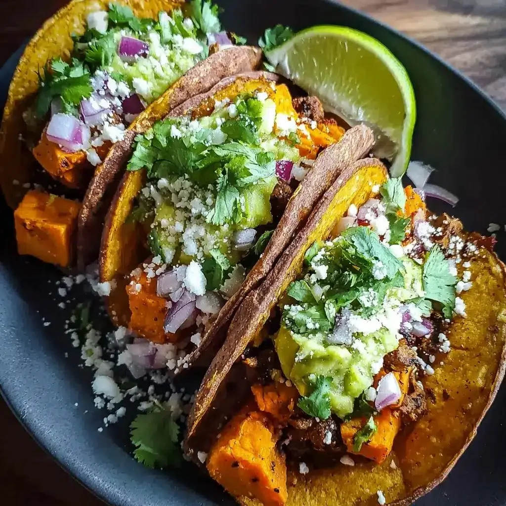 Delicious vegetarian sweet potato tacos topped with fresh ingredients.