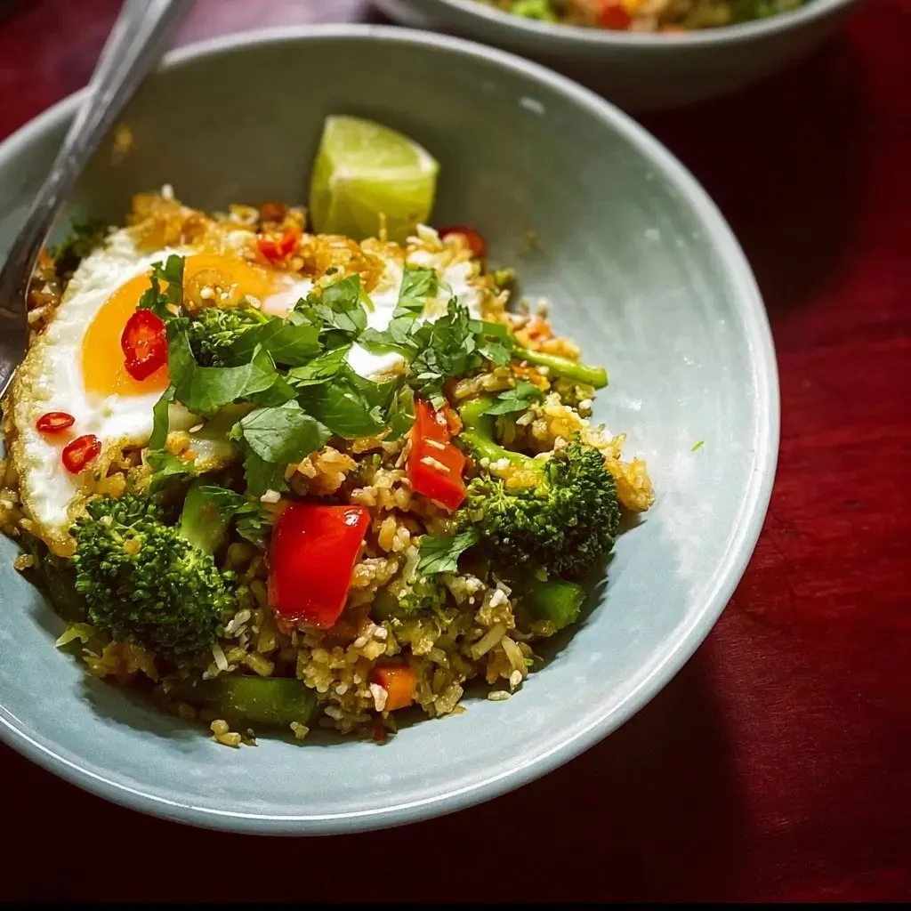 Vegetarian Thai-Style Broccoli Fried Rice served in a bowl with vibrant vegetables