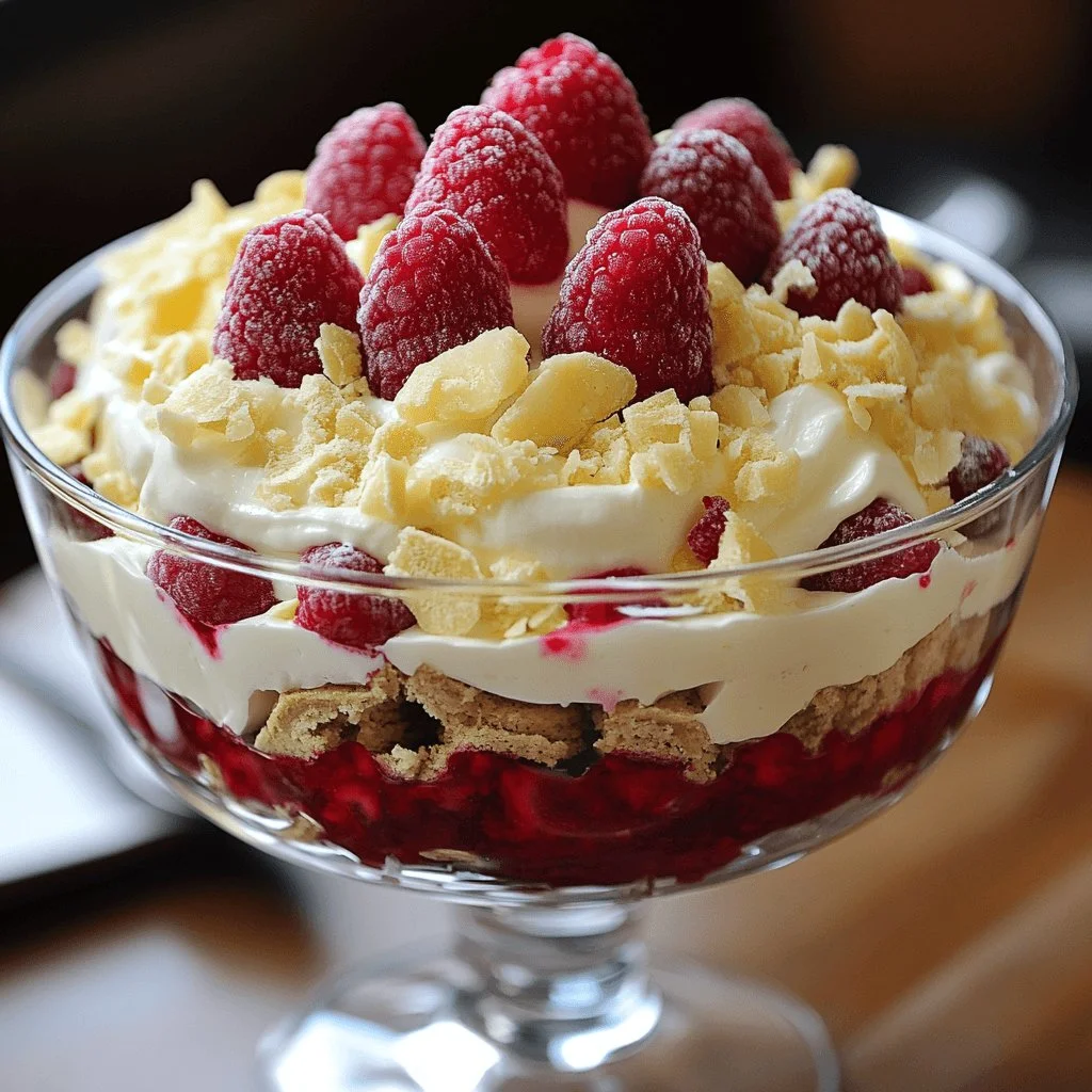 Delicious white chocolate raspberry trifle dessert in a glass.