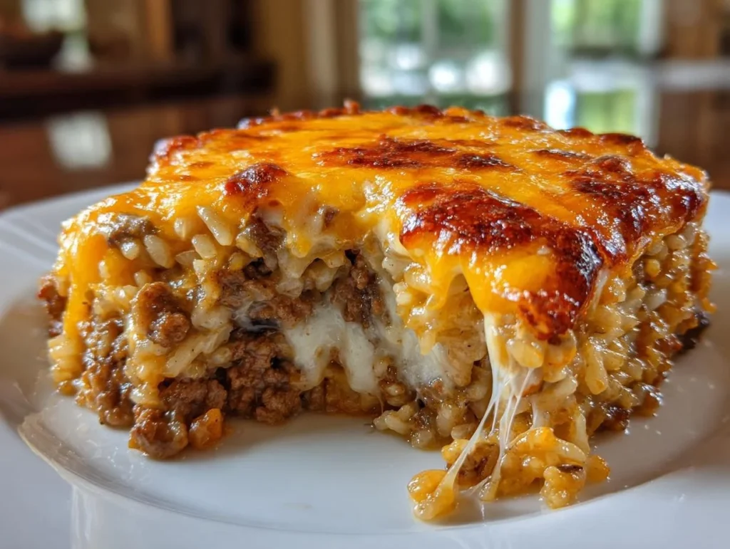 Cheesy ground beef rice casserole in a baking dish