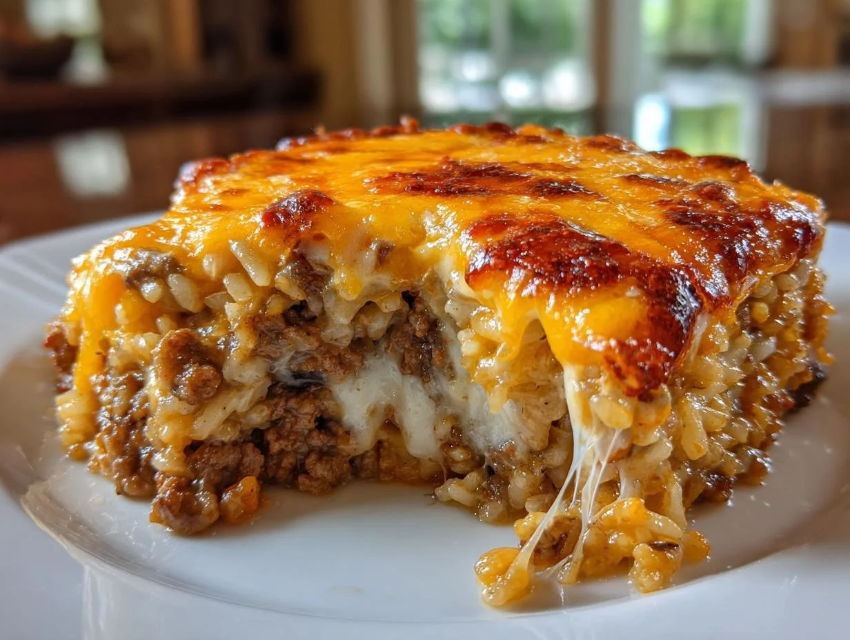 Cheesy ground beef rice casserole in a baking dish