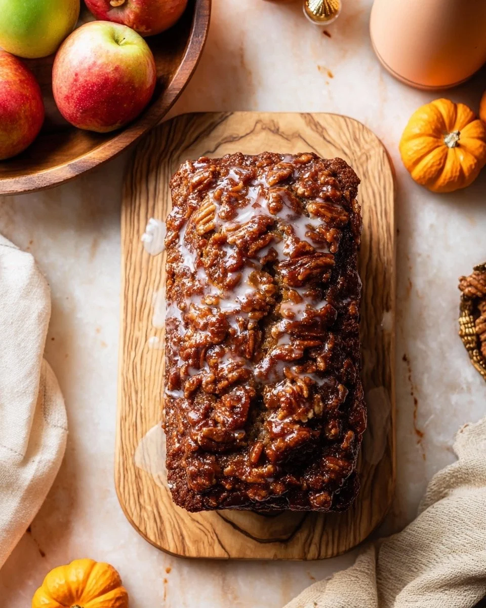Amish Apple Fritter Bread topped with glaze and fresh apples, delicious dessert