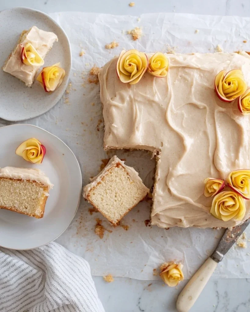 Delicious apple cake with cinnamon cream cheese frosting on a white plate
