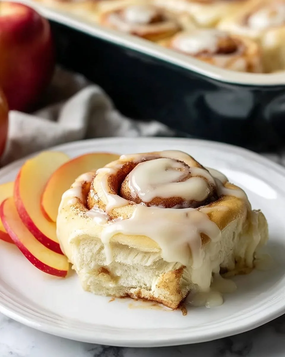 Freshly baked apple cinnamon rolls topped with icing on a plate