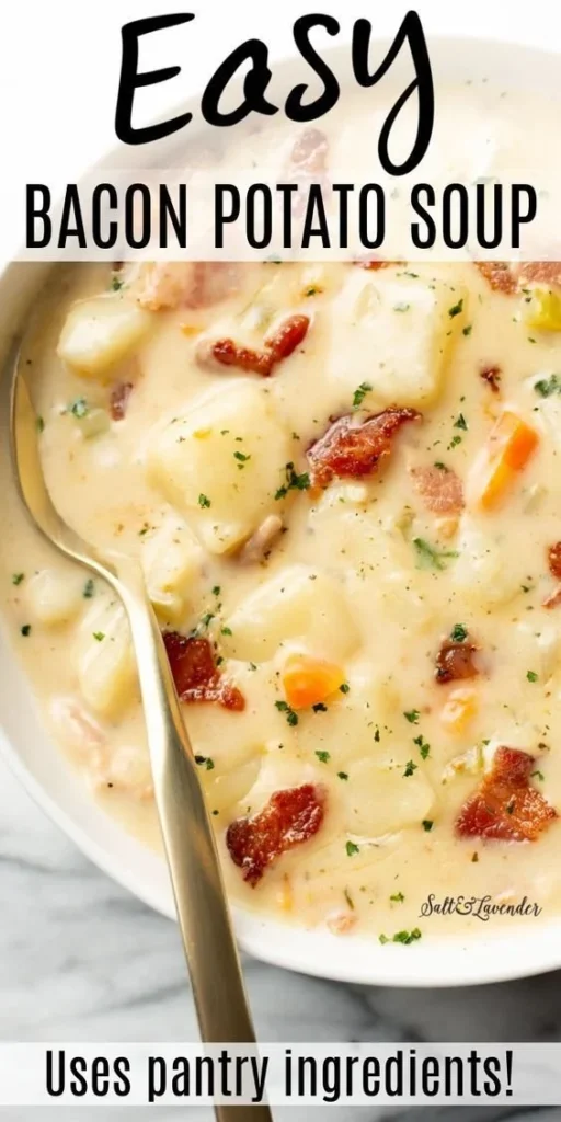 Bowl of creamy Bacon Potato Soup topped with crispy bacon and herbs