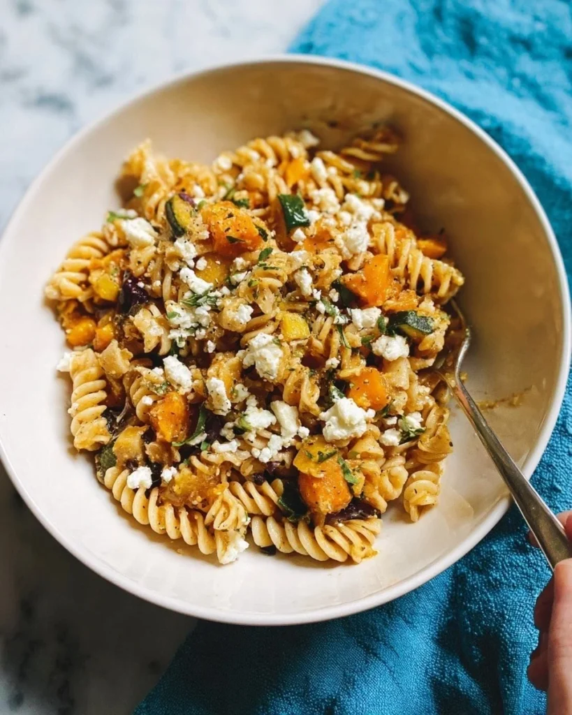 Baked feta and butternut squash pasta served in a bowl