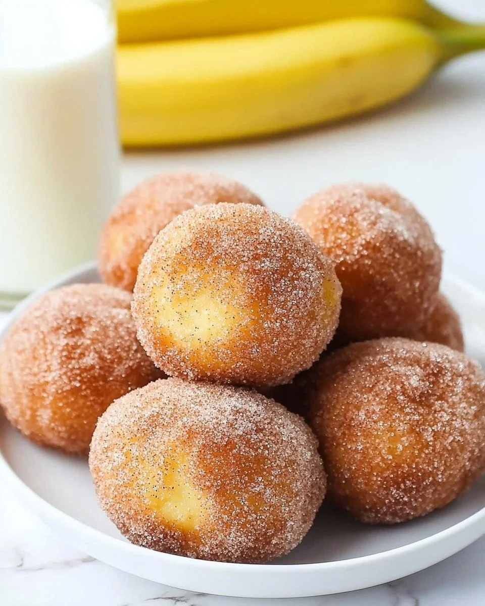 Homemade banana donut holes with a dusting of powdered sugar
