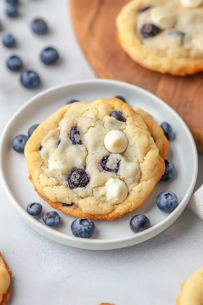 Freshly baked blueberry white chocolate chip cookies on a plate