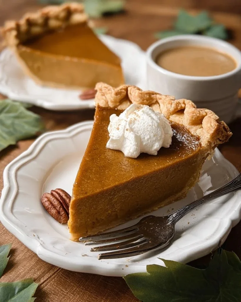 Delicious brown butter pumpkin pie garnished with whipped cream and spices