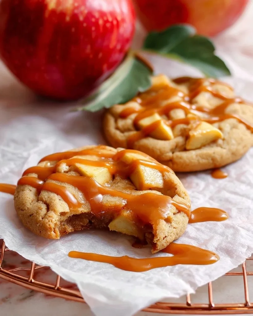 homemade caramel apple cookies with apple slices and caramel drizzle