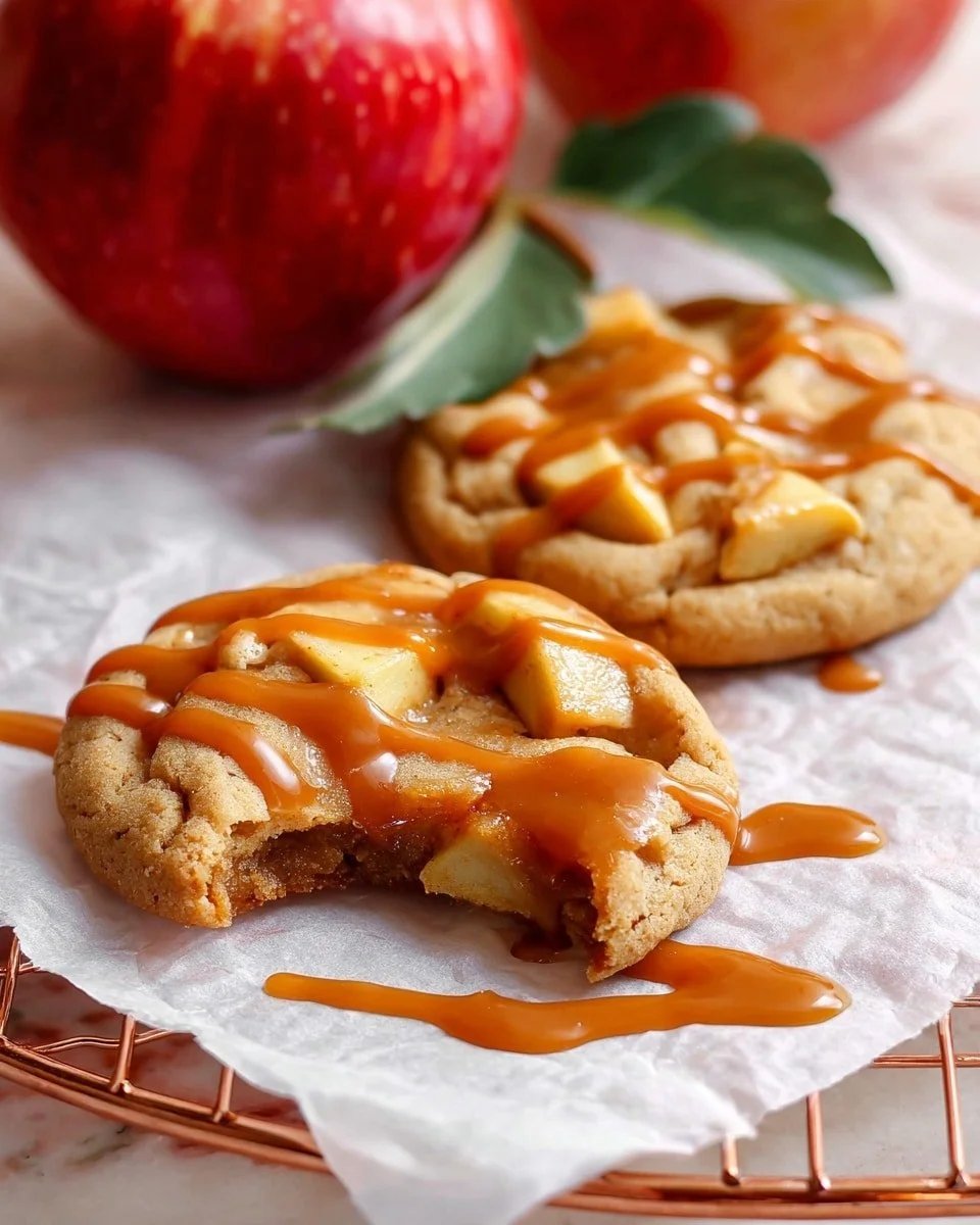 homemade caramel apple cookies with apple slices and caramel drizzle