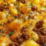 Cheesy ground beef and potatoes casserole in a baking dish