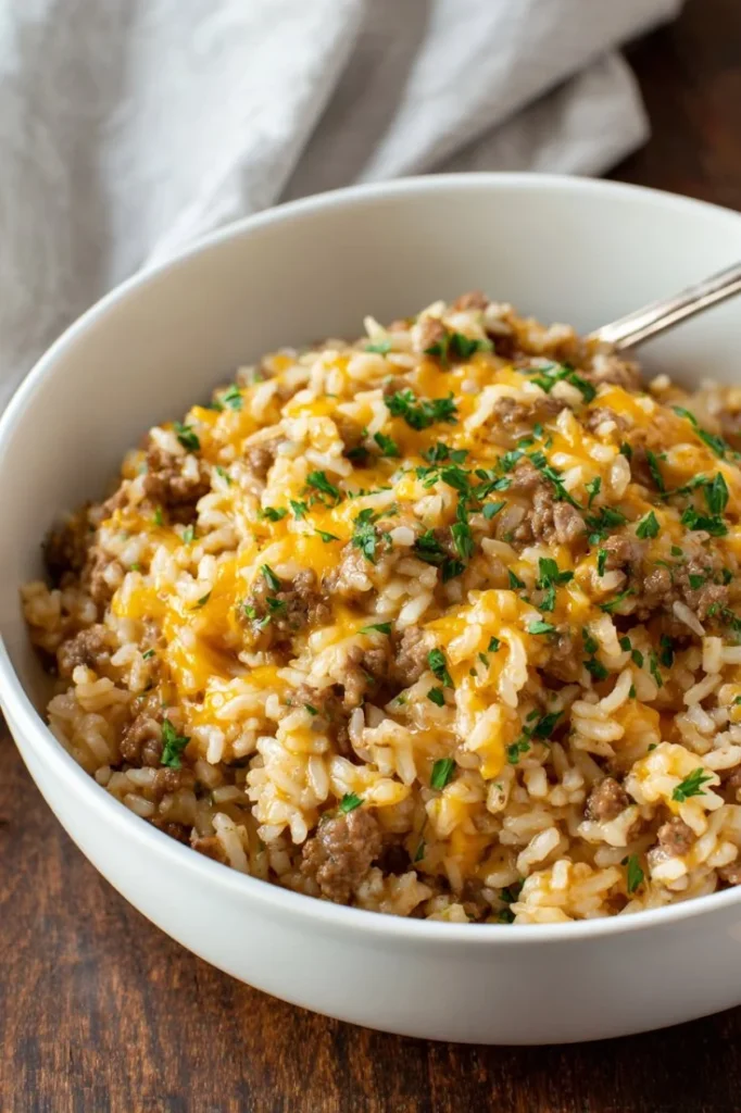 Cheesy Ground Beef and Rice Casserole fresh out of the oven