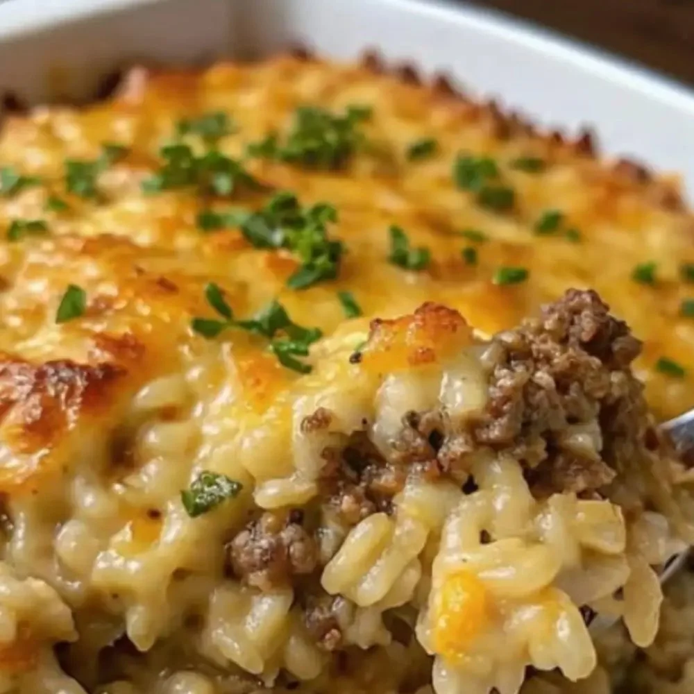 Cheesy ground beef rice casserole topped with melted cheese and herbs